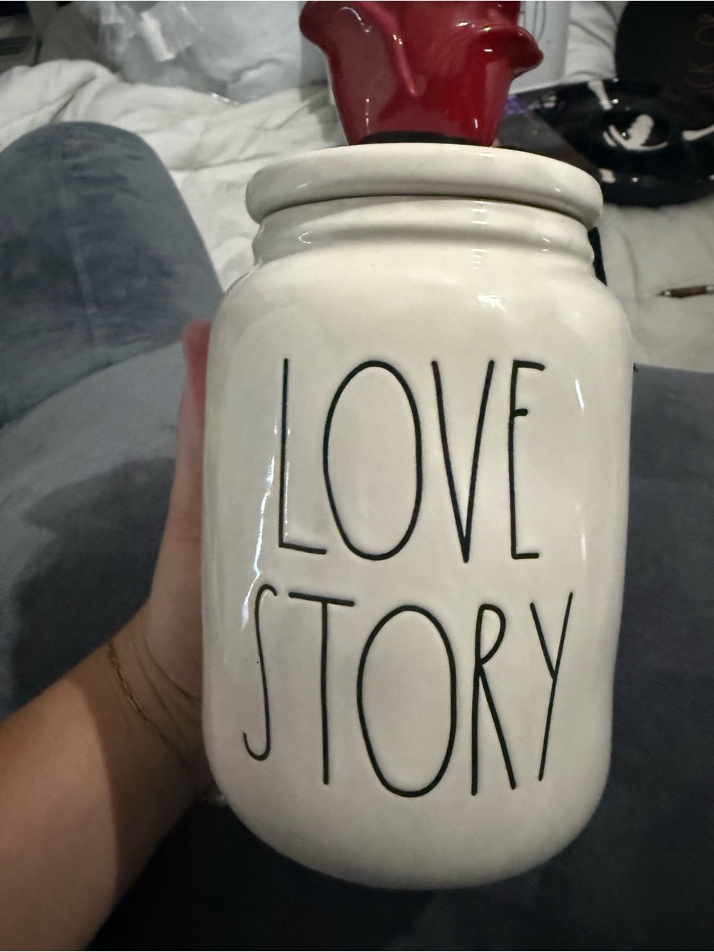 Rae Dunn White Ceramic 'LOVE STORY' Jar with Red Flower Lid